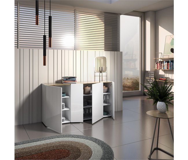 Conforama Aparador Dgasperin Bufé De Salón Aparador De Salón Despensa De Cocina Made In Italy 174x40h92 Cm Blanco Brillante Y Roble