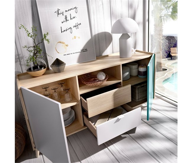 Conforama Aparador Dmaje Buffet De Salón Aparador De Salón Moderno Con 2 Puertas 155x43h75 Cm Blanco Y Roble