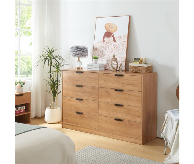 Conforama Aparador Varkaus Con 8 Cajones MDF 90x140x40 Cm - Roble [en.casa]
