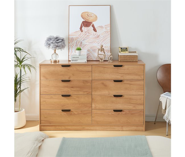 Conforama Aparador Varkaus Con 8 Cajones MDF 90x140x40 Cm - Roble [en.casa]