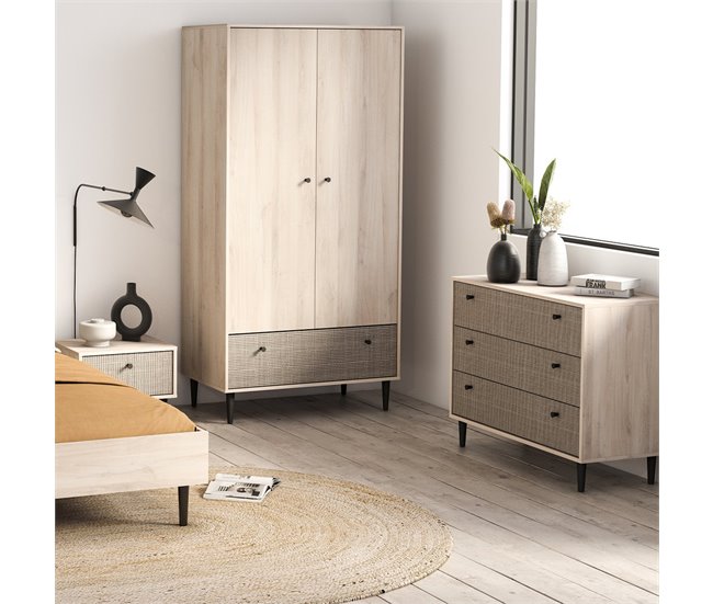 Conforama Armario 2 Puertas Y 1 Cajón Decorado En Roble Kronberg Impresión De Ratán Y Negro Mate Saigón - H181 1 Cm
