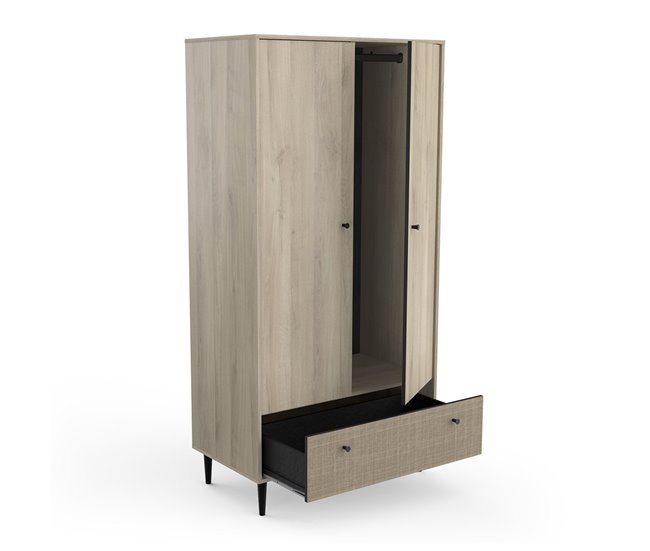 Conforama Armario 2 Puertas Y 1 Cajón Decorado En Roble Kronberg Impresión De Ratán Y Negro Mate Saigón - H181 1 Cm