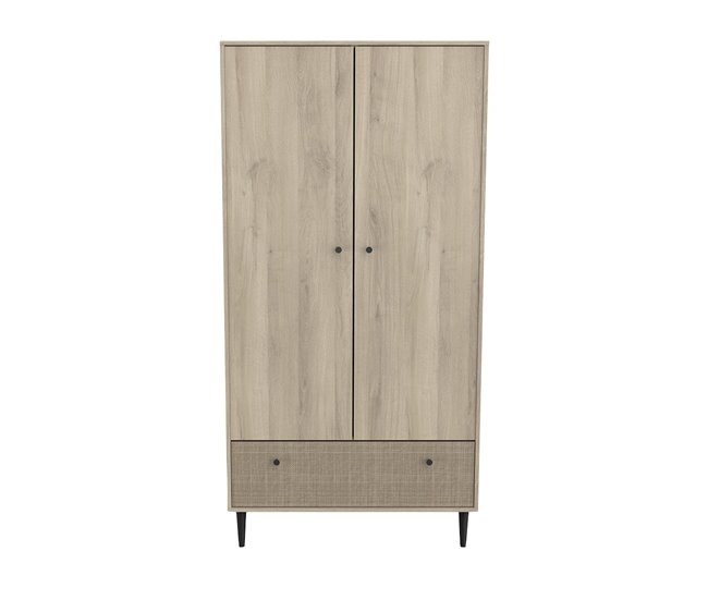 Conforama Armario 2 puertas y 1 cajón decorado en roble Kronberg impresión de ratán y negro mate Saigón - H181 1 cm