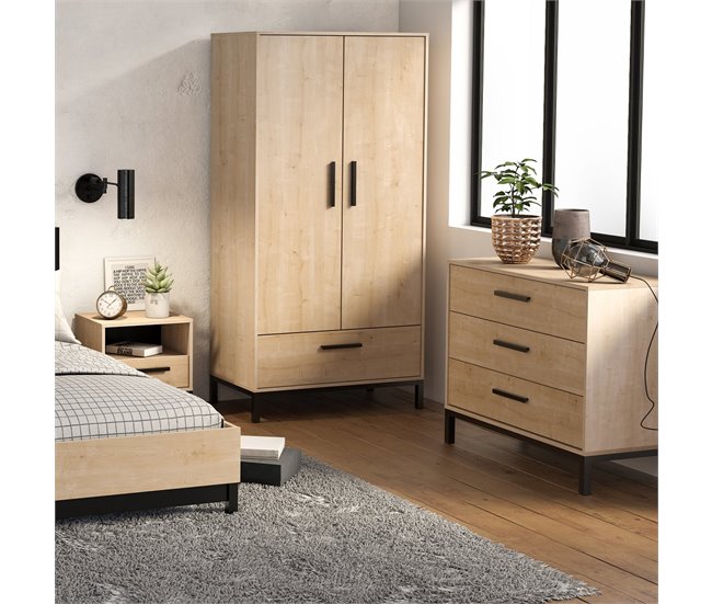 Conforama Armario 2 Puertas Y 1 Cajón Decorado En Roble Y Negro Mate Craft - H180 Cm