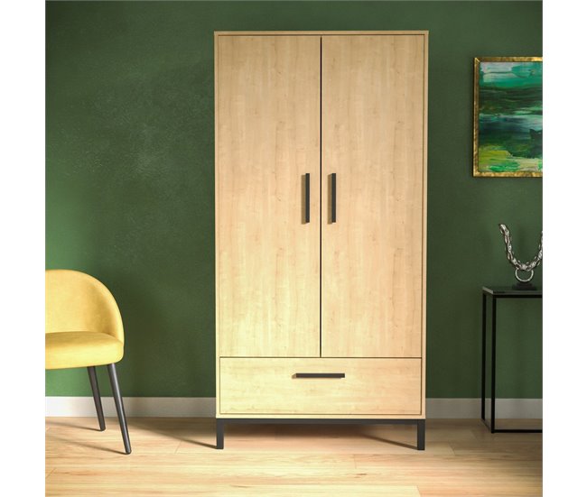 Conforama Armario 2 Puertas Y 1 Cajón Decorado En Roble Y Negro Mate Craft - H180 Cm