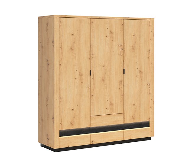 Conforama Armario 3 puertas 2 cajones con LED Glenn Madera y Negro