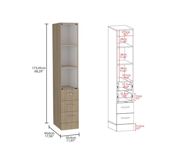 Conforama Armario De Baño Vanguard Con Cuatro Cajones 17.56CM P X 30.4CM L X 173.45CM A Rovere / Blanco