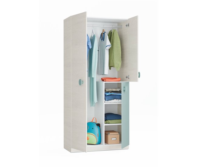 Conforama Armario Dgorett Armario Para Dormitorio Infantil Armario Con 3 Puertas Y 3 Estantes Con Barra Para Ropa 90x52h200 Cm Gris Y Verde Agua