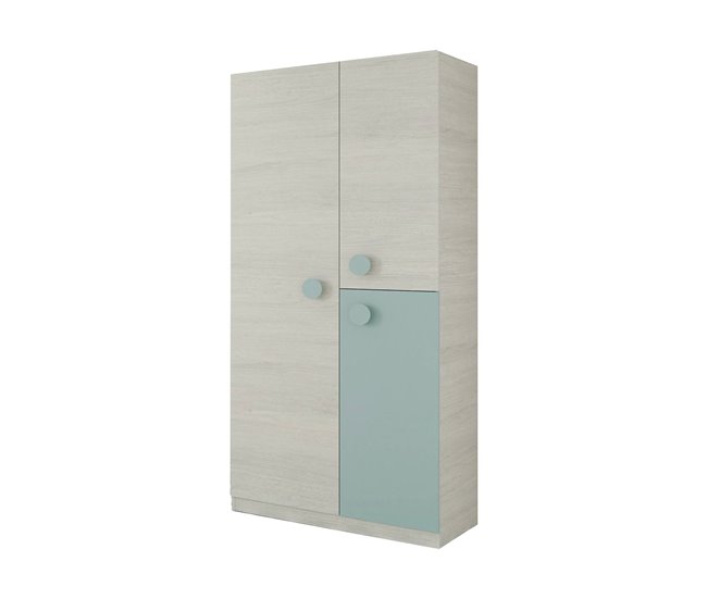 Conforama Armario Dgorett Armario para dormitorio infantil Armario con 3 puertas y 3 estantes con barra para ropa 90x52h200 cm Gris y Verde agua