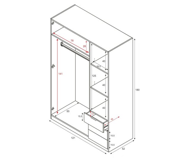 Conforama Armario Dnespol Armario De Dormitorio Con 3 Puertas Y 3 Cajones Armario Con 3 Estantes Y Barra Para Ropa 121x52h180 Cm Roble