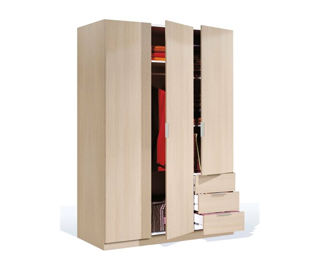 Conforama Armario Dnespol Armario De Dormitorio Con 3 Puertas Y 3 Cajones Armario Con 3 Estantes Y Barra Para Ropa 121x52h180 Cm Roble