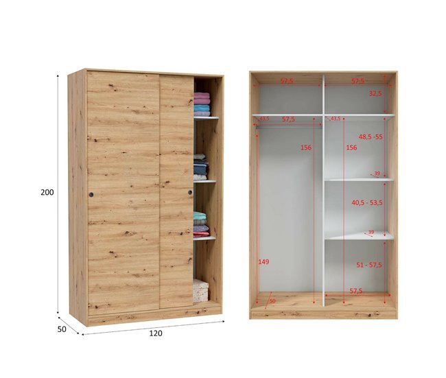 Conforama Armario Dnoce Armario De Dormitorio Con 2 Puertas Correderas Armario Con 4 Estantes Y Barra Para Ropa 120x50h200 Cm Roble Nodi