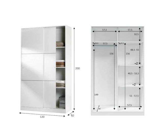 Conforama Armario Dnoce Armario Para Dormitorio Con 2 Puertas Correderas Armario Con 4 Estantes Y Barra Para Ropa 120x50h200 Cm Blanco