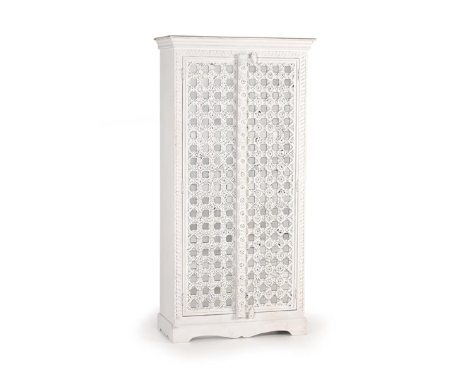 Conforama Armario en madera de mango detalles espejo en color blanco de 180x40x90 cm - Giner y Colomer