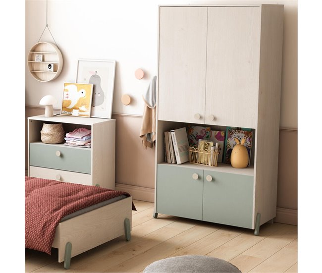 Conforama Armario Infantil 4 Puertas Con Barra Acabado Madera Y Verde - 89 Cm