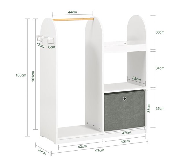 Conforama Armario Infantil Con 3 Ganchos 1 Cesta Y 1 Percha Mueble Organizador Juguetes Y Ropa 97 X 35 X 108 Cm KMB40-W SoBuy