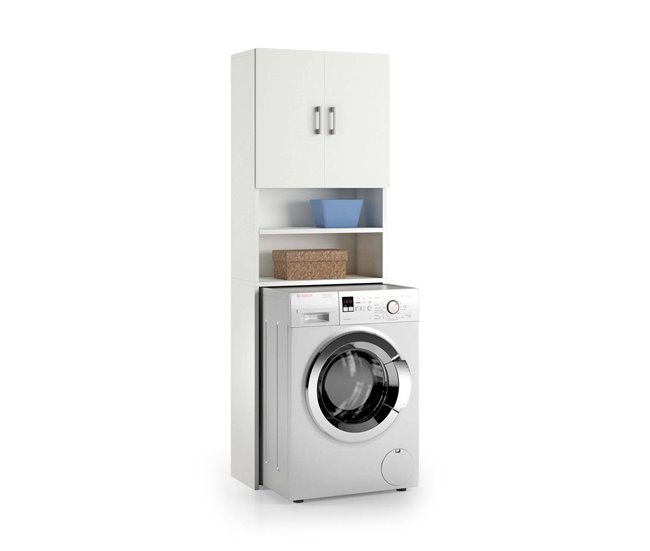 Conforama Armario multiusos Dabaza Mueble lineal con 2 puertas batientes y estantes Mueble para lavadora 100% Made in Italy 65x32h195 cm Blanco