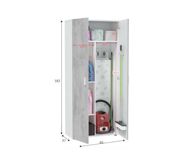 Conforama Armario Multiusos Dferre Mueble Auxiliar 2 Puertas Y 3 Estantes Armario Escobero 80x37h182 Cm Cemento Y Blanco