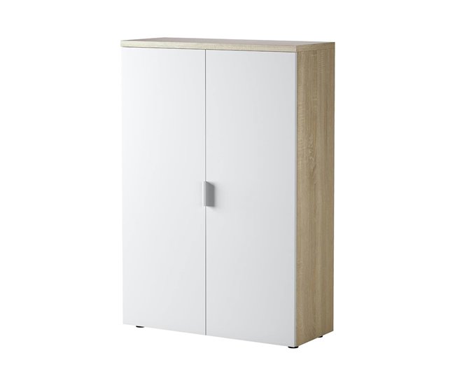 Conforama Armario multiusos Dlupp Mueble multiusos con 2 puertas Zapatero con 3 estantes Zapatero moderno 80x33h119 cm Roble y Blanco