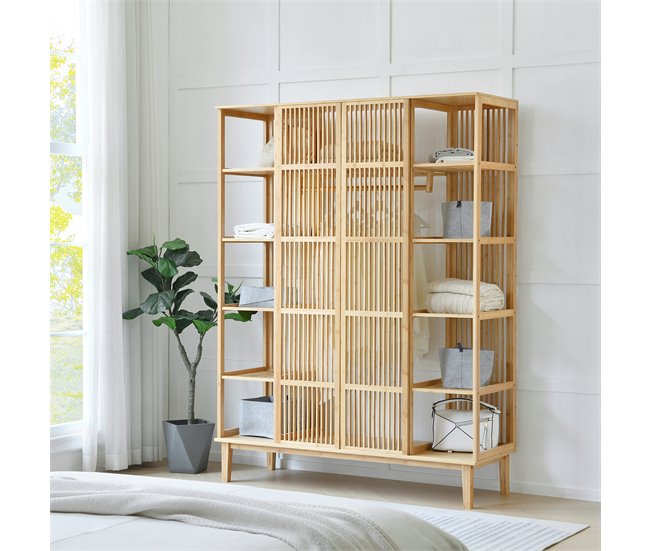 Conforama Armario Para Ropa Hudiksvall Con 2 Puertas Deslizantes Bambú 185 X 140 X 45 Cm Natural [en.casa]