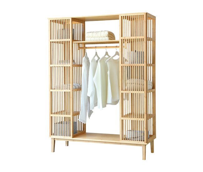 Conforama Armario para Ropa Hudiksvall con 2 puertas deslizantes bambú 185 x 140 x 45 cm natural [en.casa]