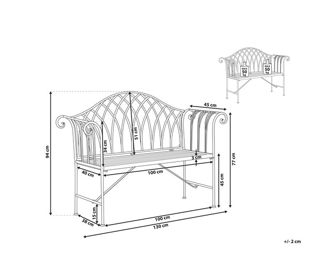 Conforama Banco De Jardín De Metal Blanco Crema 130 Cm MILAZZO