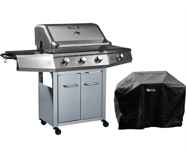 Conforama Barbacoa a gas con LED "Bingo 4" - 4 quemadores (1 lateral) - 14kW + Funda de protección- Plateado