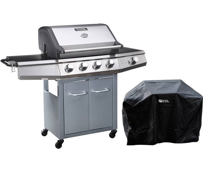 Conforama Barbacoa a gas con LED "Bingo 5" - 5 quemadores donde 1 es lateral - 15.2kW + Funda de protección - Plateado