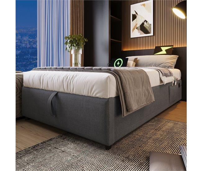Conforama Baúl Tapizado Para Cama 90×190 Cm - Tela De Lino - Con Enchufes De Carga Y Cojín De Láminas - Gris