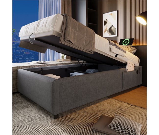 Conforama Baúl Tapizado Para Cama 90×190 Cm - Tela De Lino - Con Enchufes De Carga Y Cojín De Láminas - Gris