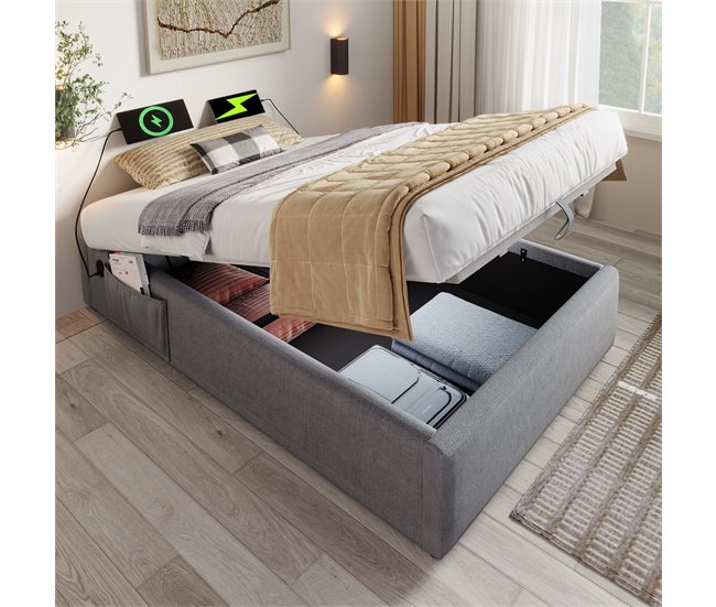 Conforama Baúl Tapizado Para Cama 90×190 Cm - Tela De Lino - Con Enchufes De Carga Y Cojín De Láminas - Gris