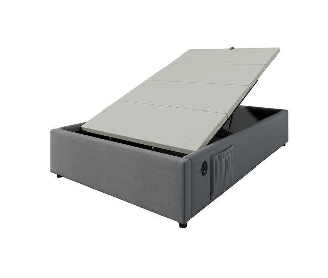 Conforama Baúl tapizado para cama 90×190 cm - tela de lino - con enchufes de carga y cojín de láminas - Gris