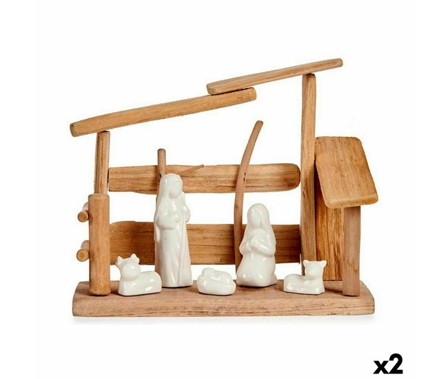 Conforama Belén de Navidad Blanco Natural Madera Cerámica 10 x 21 x 25 cm (2 Unidades)