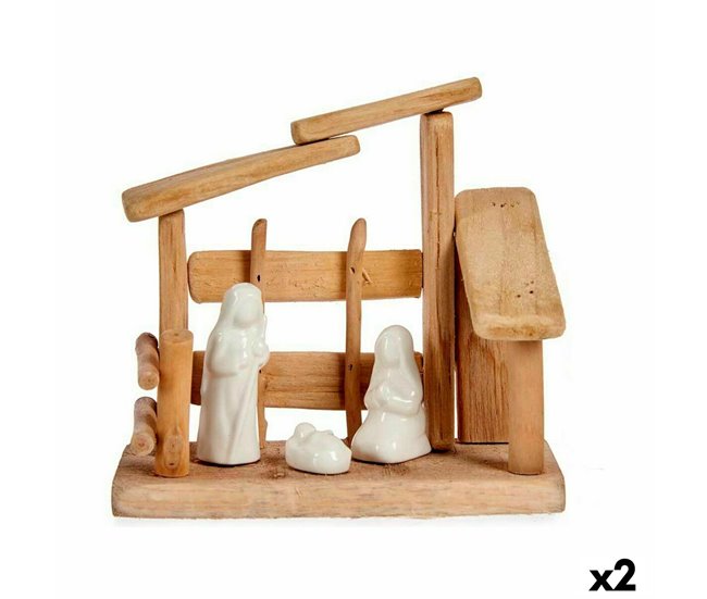Conforama Belén de Navidad Blanco Natural Madera Cerámica 18 x 17 x 8 cm (2 Unidades)