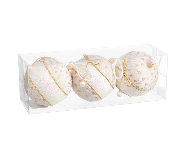 Conforama Bolas De Navidad Blanco Dorado Polyfoam Tejido Lazo 10 X 10 X 10 Cm (3 Unidades)