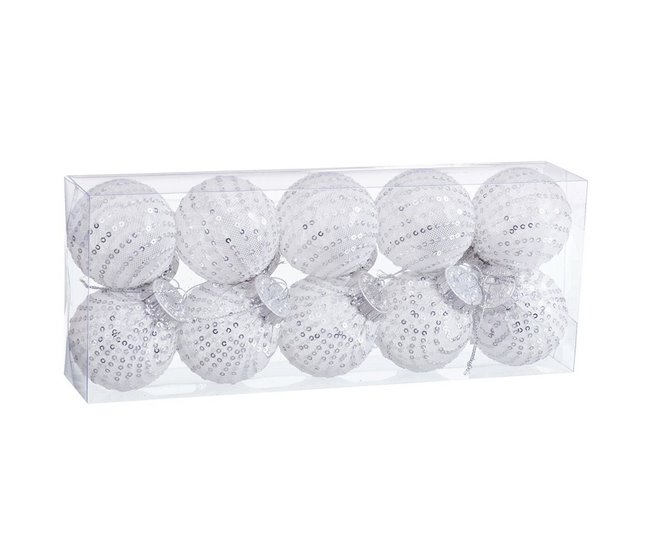 Conforama Bolas de Navidad Blanco Plateado Plástico Tejido Lentejuelas 6 x 6 x 6 cm (10 Unidades)