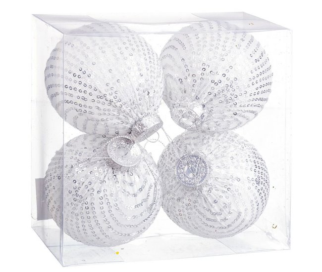 Conforama Bolas de Navidad Blanco Plateado Plástico Tejido Lentejuelas 10 x 10 x 10 cm (4 Unidades)