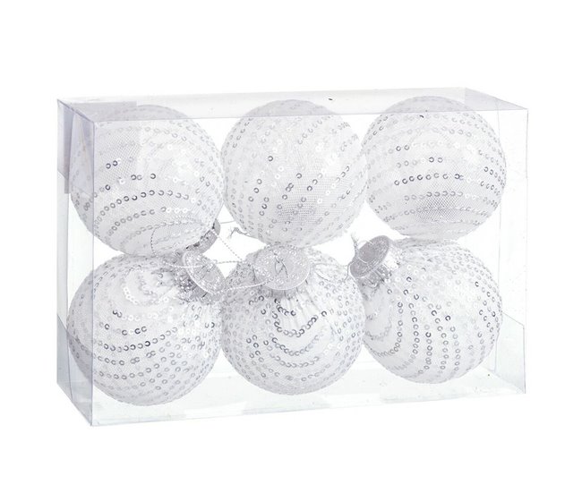 Conforama Bolas de Navidad Blanco Plateado Plástico Tejido Lentejuelas 8 x 8 x 8 cm (6 Unidades)