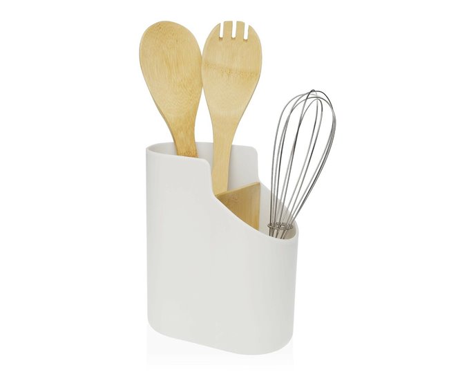 Conforama Bote Para Utensilios De Cocina Versa Blanco 8 5 X 17 6 X 15 Cm ABS Bambú