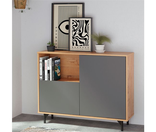 Conforama Briebe Fokus Aparador Mueble Salón Auxiliar Buffet 2 Puertas 1 Estante 86x112x33 Cm Recibidor Moderno Gris