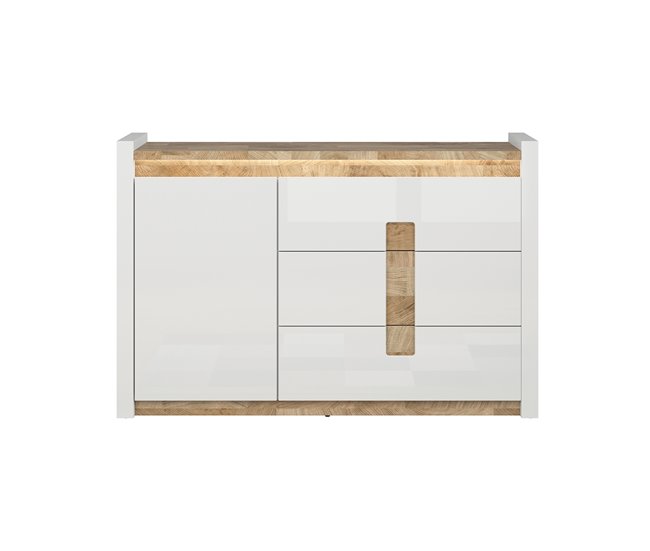 Conforama Bufé 1 Puerta 3 Cajones Con LED Helios Blanco Lacado Y Madera