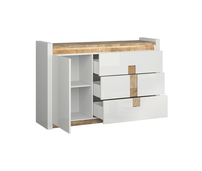 Conforama Bufé 1 Puerta 3 Cajones Con LED Helios Blanco Lacado Y Madera