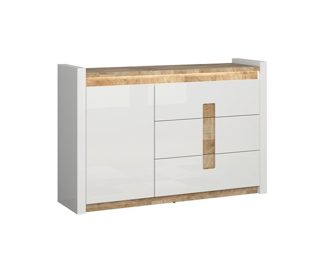 Conforama Bufé 1 puerta 3 cajones con LED Helios Blanco lacado y Madera