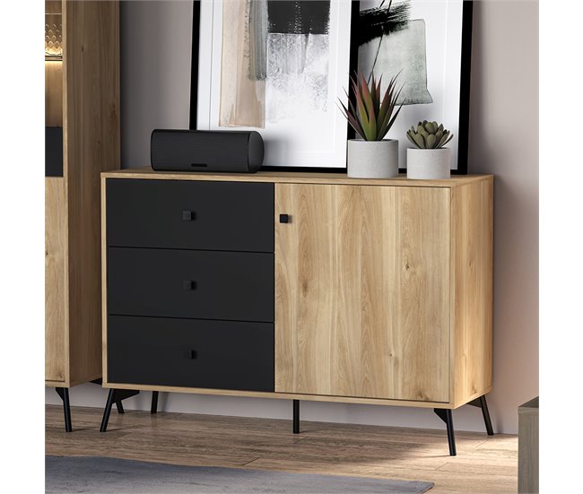 Conforama Bufé 1 Puerta 3 Cajones Elara Madera Y Negro