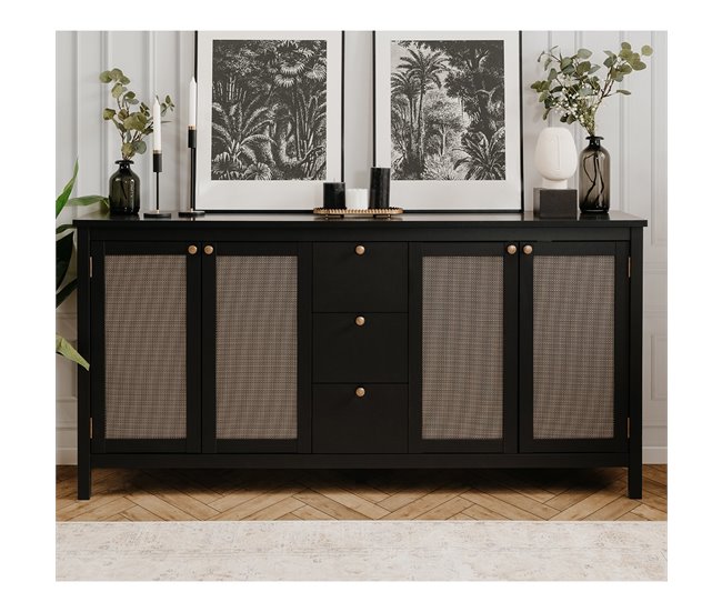 Conforama Buffet 4 Puertas Y 3 Cajones Negro Y Enrejado L180 Cm - KRAKOW