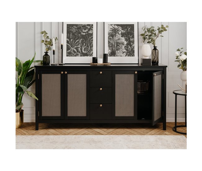 Conforama Buffet 4 Puertas Y 3 Cajones Negro Y Enrejado L180 Cm - KRAKOW