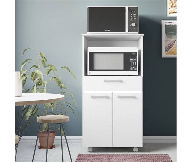 Conforama Buyqualia Mueble De Cocina Para Microondas Con Ruedas Aparador Auxiliar En Color Blanco (Alto 118cm / Ancho 61 Cm/Fondo 49 Cm)
