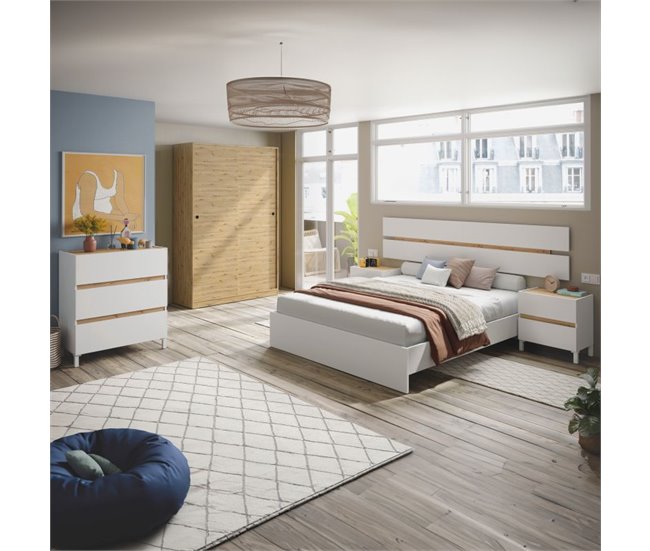 Conforama Cabecero Con Mesitas Ezra Blanco Artik (Blanco Mate) - Roble Nodi 216 X 47 X 3 Cm