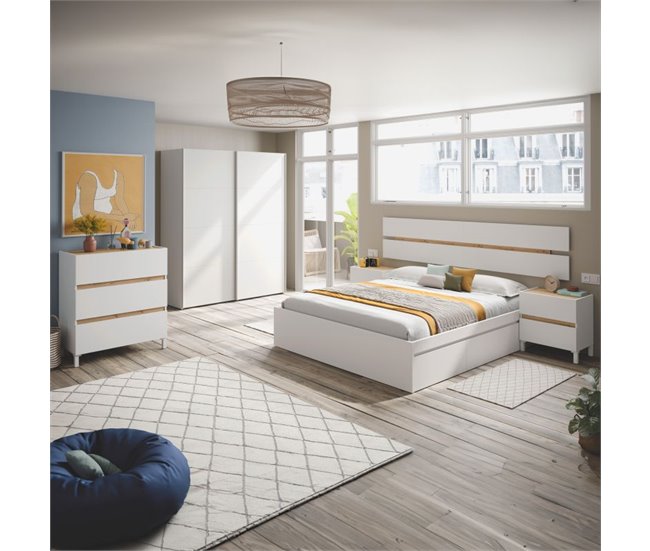 Conforama Cabecero Con Mesitas Ezra Blanco Artik (Blanco Mate) - Roble Nodi 216 X 47 X 3 Cm