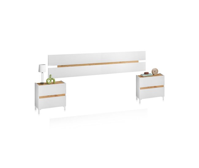 Conforama Cabecero con mesitas Ezra Blanco Artik (Blanco Mate) - Roble Nodi 216 x 47 x 3 cm